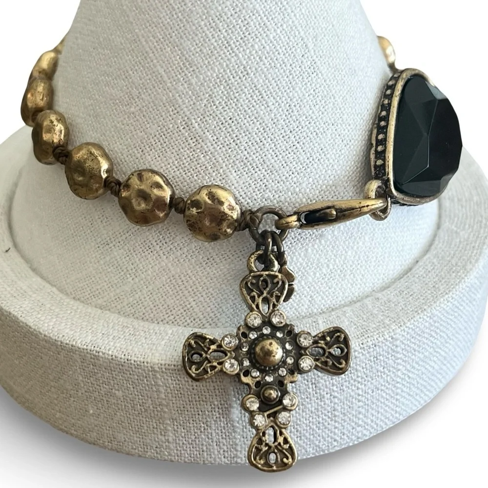 Vintage Luck Brand Bronze Tone Black Crystal Cross Toggle Bracelet